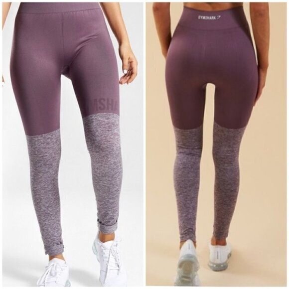 Gymshark Two Tone Seamless Leggings Purple Heathered with Logo High Rise - Picture 1 of 12